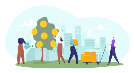 Group of people investor work capital investment profit, financial business contribution flat vector illustration, isolated on white.