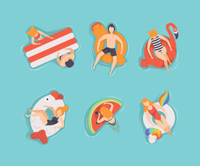 People Characters Floating on Air Mattress and Rubber Ring in Swimming Pool Top View Vector Set