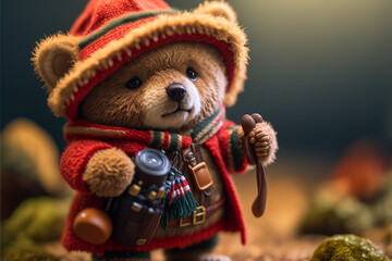 Tiny cute and adorable Bear as adventurer dressed in christmas outfit,digital art,illustration,Design - obrazy, fototapety, plakaty
