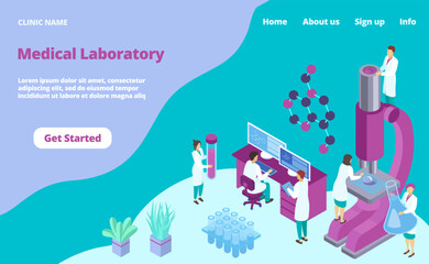 Scientific laboratory 3d isometric vector illustration landing page, research lab template, tiny character scientific worker study microscope.