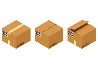 Parcel. Set of three cardboard boxes. Isometric vector asset.