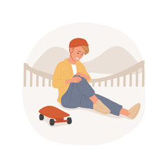 Injury isolated cartoon vector illustration. Teenage boy felling off skateboard and getting injured, extreme sport issues, active lifestyle, emergency help, tragic face vector cartoon. - obrazy, fototapety, plakaty