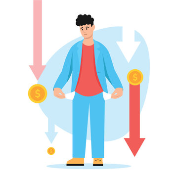 Vector illustration of bankruptcy. Cartoon scene with a guy with no money in his pocket and his finances falling to the bottom on white background.
