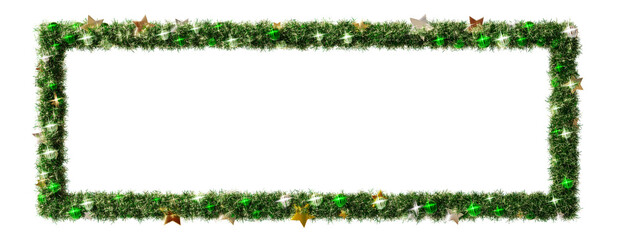Beautiful icy green christmas wreath of 1 to 3 rectangle frame with shiny stars and green orbs, on transparent background (RGBA 3D Rendering PNG)