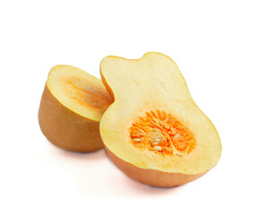 Ripe pumpkins isolated on white. Vegetarianism. Organic orange pumpkins and slices. Vitamins. Autumn. Healthy food.