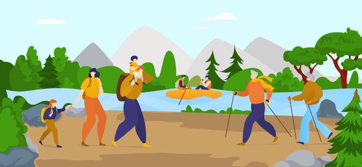 Hiking trail group of tourist people character together outdoor forest adventure trip healthy lifestyle flat vector illustration.