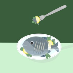 Piatto con pesce fresco grigliato con limone e prezzemolo, grigliata di pesce, piatto estivo salutare con omega 3, pescato del giorno, cibo vegetariano