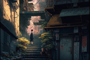 Obraz na płótnie Canvas Japanese Streets With Large Staircases