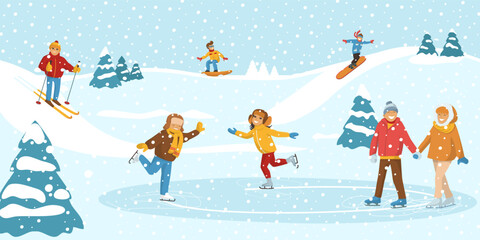 Winter sport ice skating, people together spend time physical activity, frozen pond and snow skiing hill flat vector illustration.