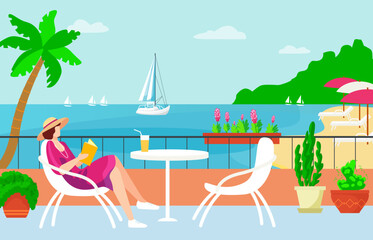 Woman character sitting hotel terrace tropical country, beachside relaxing place, female read book and drink smoothies flat vector illustration.