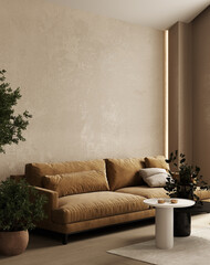 Home interior mock-up with brown sofa, table, plant and decor in living room, 3d render