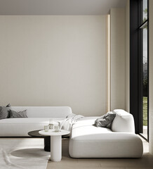 Beige room interior, living room interior mockup, empty beige wall, white sofa, 3d rendering