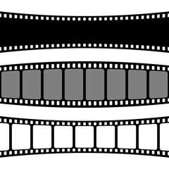 Curved film strips collection. Old retro cinema movie strip. Analog video recording equipment. Vector illustration