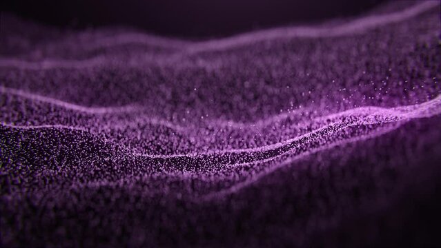 4k flow pink glowing particles moving in slow motion abstract micro crystal dust magic small lights rose color on dark space. 3D animation futuristic design for business canvas presentation background