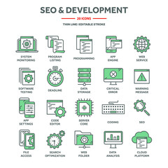 Search engine optimization, SEO and development. Internet technology, online services data protection. Information security, data sharing, backup. Thin line web icons set. Vector illustration