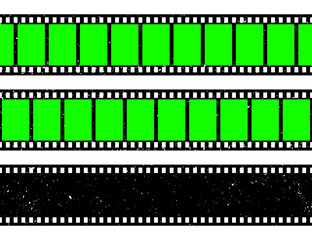 Realistic grunge film strip, camera roll. Old retro cinema movie strip with blank green chroma key background. Analog video recording and photography. Visual effects compositing. Vector illustration