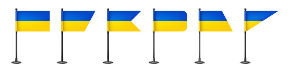 Realistic various Ukrainian table flags on a black steel pole. Souvenir from Ukraine. Desk flag made of paper or fabric, shiny metal stand. Mockup for promotion and advertising. Vector illustration