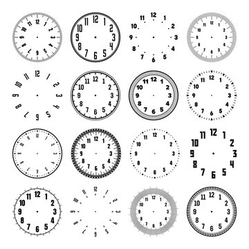 Mechanical clock faces with arabic numerals, bezel. Watch dial with minute, hour marks and numbers. Timer or stopwatch element. Blank measuring circle scale with divisions. Vector illustration
