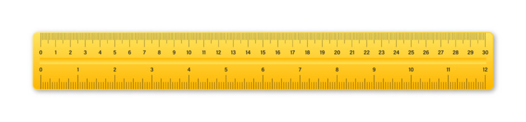 Realistic plastic ruler with measurement scale and divisions, measure marks. School ruler, centimeter and inch scale for length measuring. Office supplies. Vector illustration