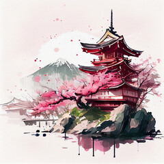 Japan traditional sumi-e painting. Fuji mountain, sakura, sunset. Japan sun. Indian ink illustration. Japanese picture.