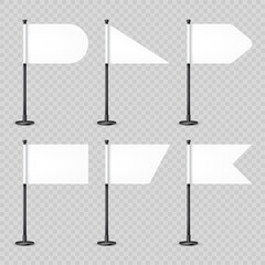 Obraz premium Realistic various table flags on a steel pole. Blank white desk flag made of paper or fabric. Black metal stand. Mockup for promotion and advertising. Vector illustration