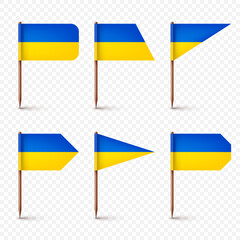 Realistic various Ukrainian toothpick flags. Souvenir from Ukraine. Wooden toothpicks with paper flag. Location mark, map pointer. Blank mockup for advertising and promotions. Vector illustration