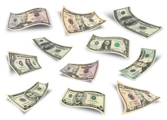 Collection of dollar banknotes. Isolated over white