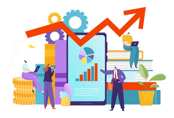 Business banking financial consulting system, tiny character entrepreneur monetary advisory flat vector illustration, isolated on white.