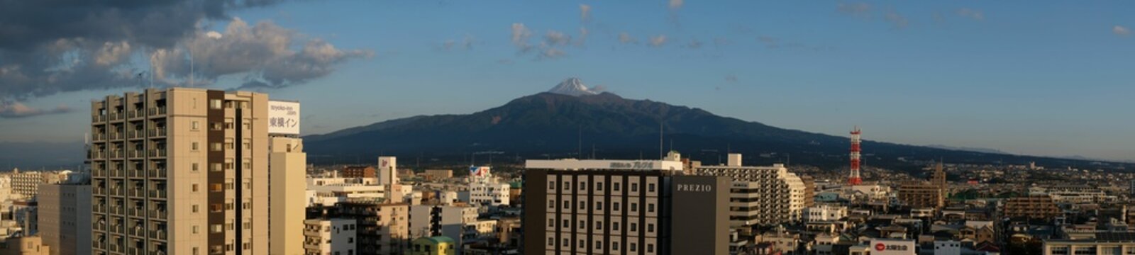 Panoramic view of the Fuji mountain seen from the Numazu city,  Japan