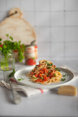 homemade pasta with fresh tomato sauce and herbs