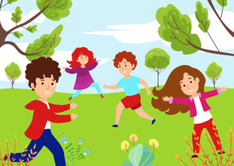 Happy cheerful children play in outdoor park garden, group of people child character spend time greenfield flat vector illustration.