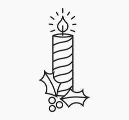 Christmas candle and holly berry line drawing icon.