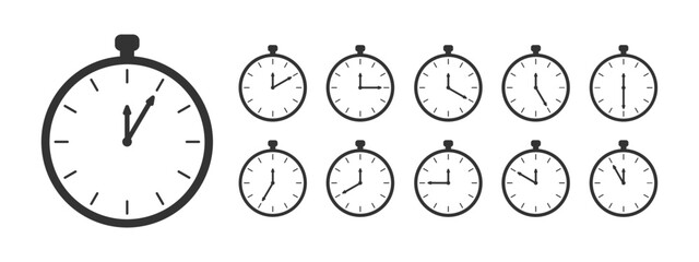 Chronometer icons. Countdown timer or stopwatch symbols set. Clocks with different minute time intervals. Infographic for cooking instruction or sport game. Vector graphic illustration