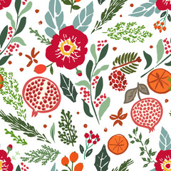 Trendy Christmas floral pattern with pomegranate, orange spice, red anemone flowers, pinecones, branches, berries, greenery. Modern holiday botanical repeat pattern unit.