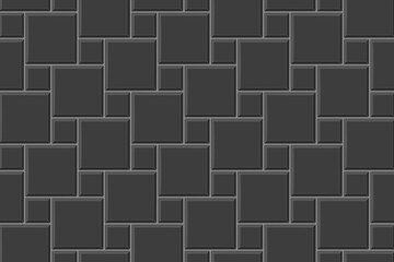 Black hopscotch tile seamless pattern. Stone or ceramic brick wall background. Kitchen backsplash mosaic texture. Bathroom, shower or toilet floor. Pavement texture. Vector flat illustration