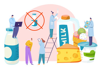 Doctor scientific research people lactose intolerance, tiny character patient allergy flat vector illustration, isolated on white.