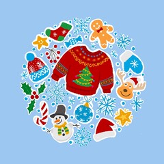 Christmas background with Christmas sweater , gingerbread man, deer, snowflakes, Christmas socks. Template for new year card

