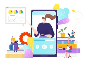 Technology internet education service obtain knowledge, concept online learning home schooling flat vector illustration, isolated on white.