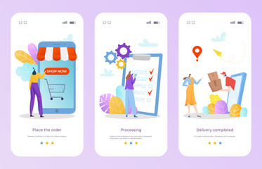 Online internet shopping banner set, concept place order, delivery completed and processing purchase flat vector illustration.