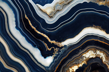 Luxurious navy blue ink marble-like abstract texture with golden dust and agate stone swirls and...