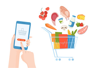 People hand hold mobile phone with shopping smartphone application, remote purchase edible food flat vector illustration, isolated on white.