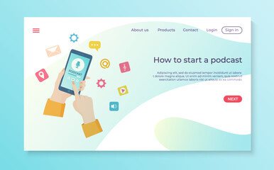 Mobile digital audio how to start podcast online website landing template banner, internet radio station flat vector illustration.