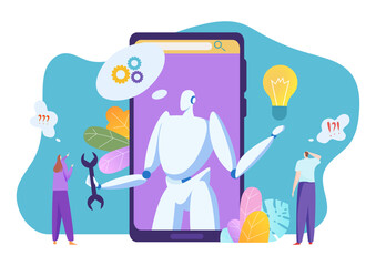 Modern technology robot automatic customer support, tiny character technical assistance flat vector illustration, isolated on white.