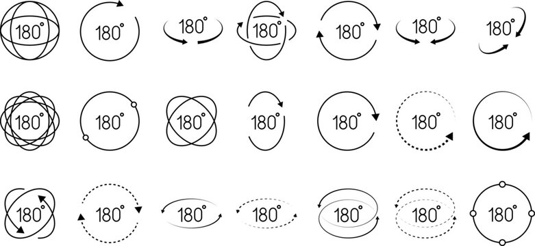 180 degrees vector icons set. Round signs with arrows rotation to 180 degrees. Rotate symbol isolated on transparent background. Vector illustration.