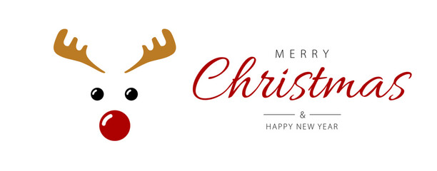 Banner with lettering Merry Christmas and Happy New Year and reindeer. Vector illustration. Cartoon