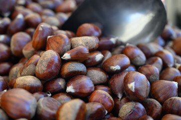 New harvest of brown chestnuts on market in Lisbon, Portugal