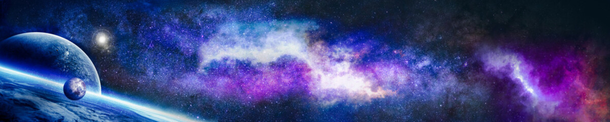 Fototapeta na wymiar Space scene with planets, Nebula, stars and galaxies. Panorama. Horizontal view for a glass panels (skinali). Template banner 