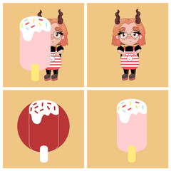 Conjunto de ilustraciones dibujadas a mano de personaje y helado.