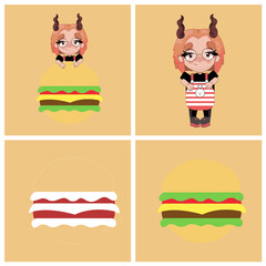 Conjunto de ilustraciones dibujadas a mano de personaje y hamburguesa1.
