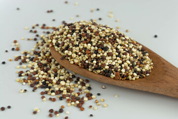 quinoa seed mix in a wooden spoon on white background isolated